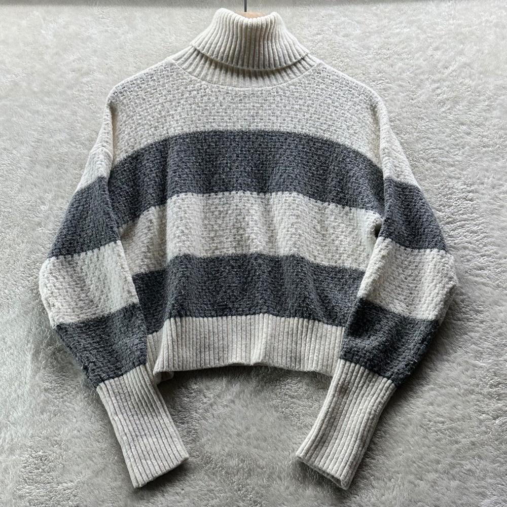 Pink Rose Soft Plush Chenille Knit Striped Boxy Cropped Turtleneck Sweater